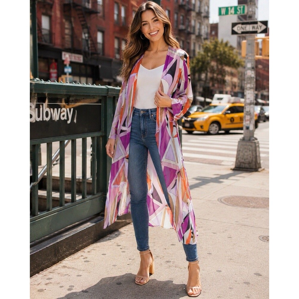 Y2K Geometric Retro Sheer Duster Kimono Cardigan Mesh Psychedelic Boho Cover-up